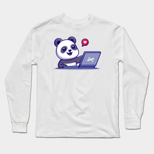 Cute Panda Working On Laptop Cartoon Long Sleeve T-Shirt